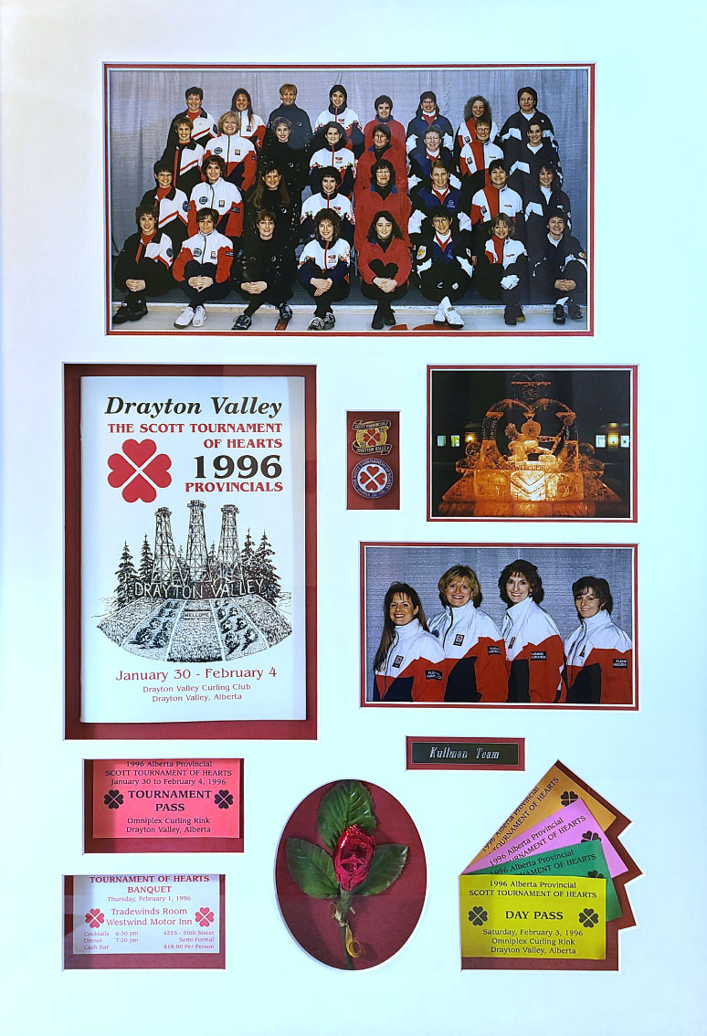 top picture of all participating curlers, program from the tournament, picture of the championship trophy, below that picture of the winning team and picture of the tournament passes for the event.