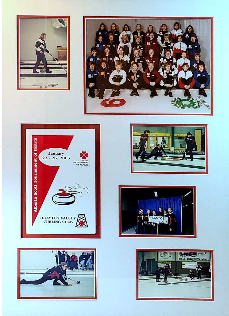 Top Upper Left photo of skip holding broom calling a shot, Upper Right - picture of all participating teams, below on left - copy of tournament program, the remaining four pictures are of various participants curling shots.